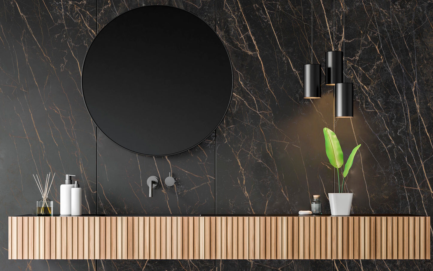 Close,Up,Of,Wooden,Bathroom,Sink,With,Round,Mirror,Above