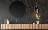 Close,Up,Of,Wooden,Bathroom,Sink,With,Round,Mirror,Above