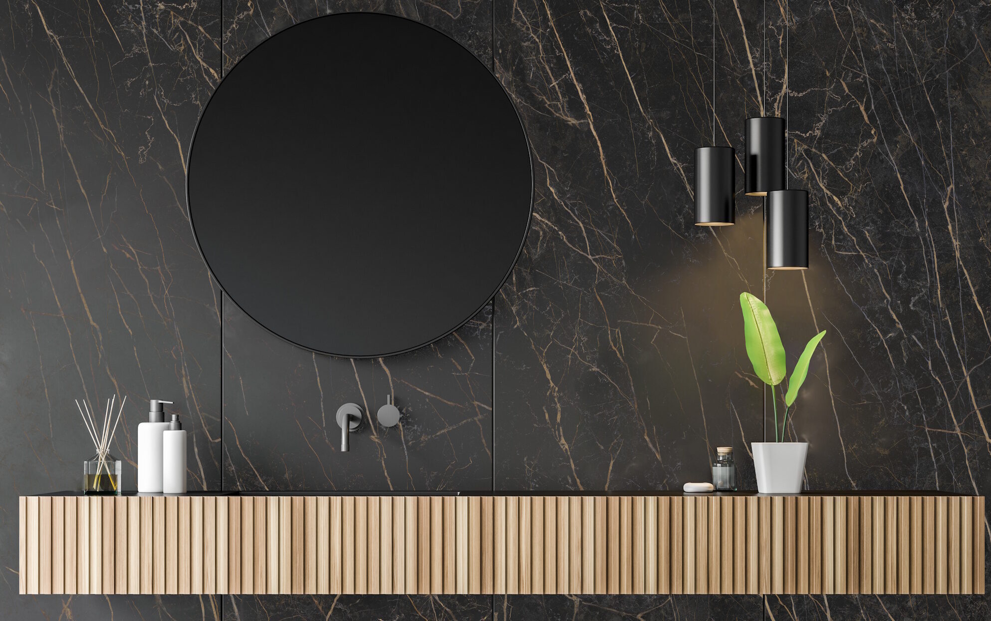 Close,Up,Of,Wooden,Bathroom,Sink,With,Round,Mirror,Above